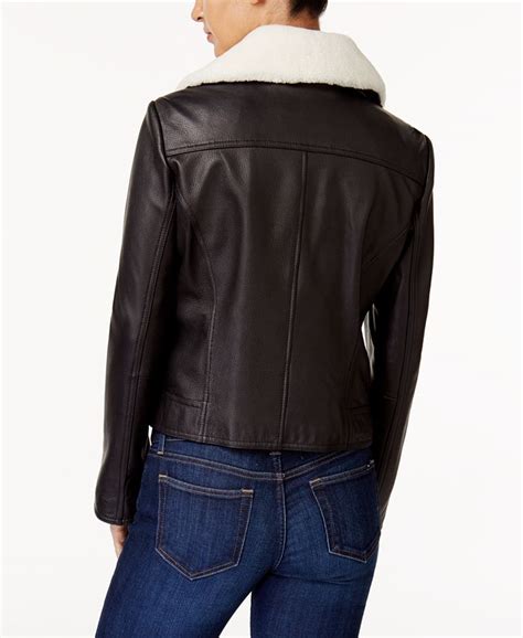 michael kors shearling and leather moto jacket|Michael Kors black moto jacket.